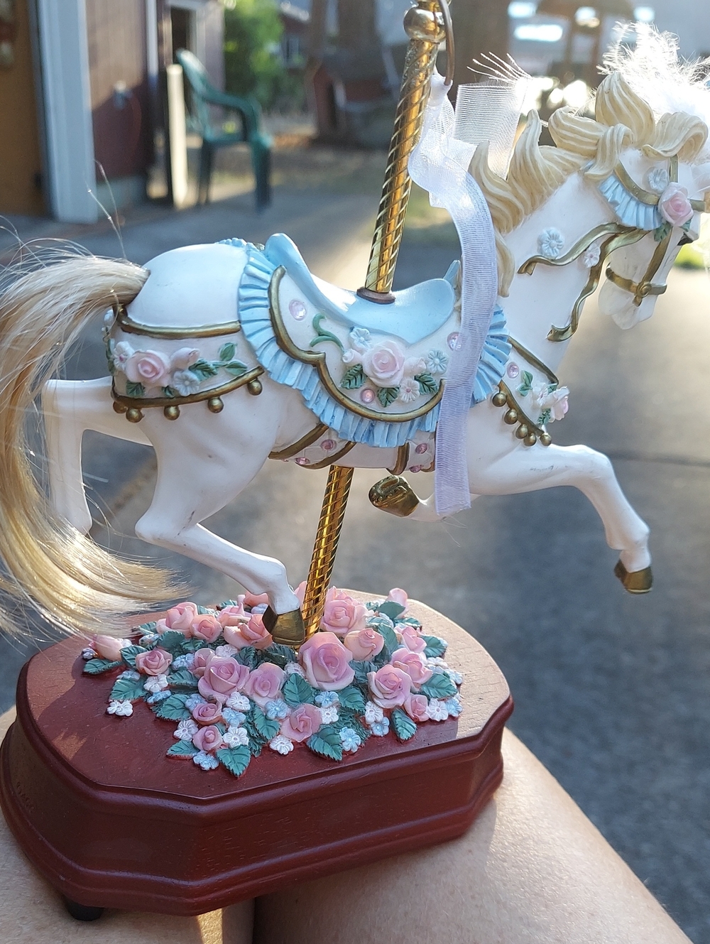 Decorative White Carousel Horse Figurine with Pink Roses